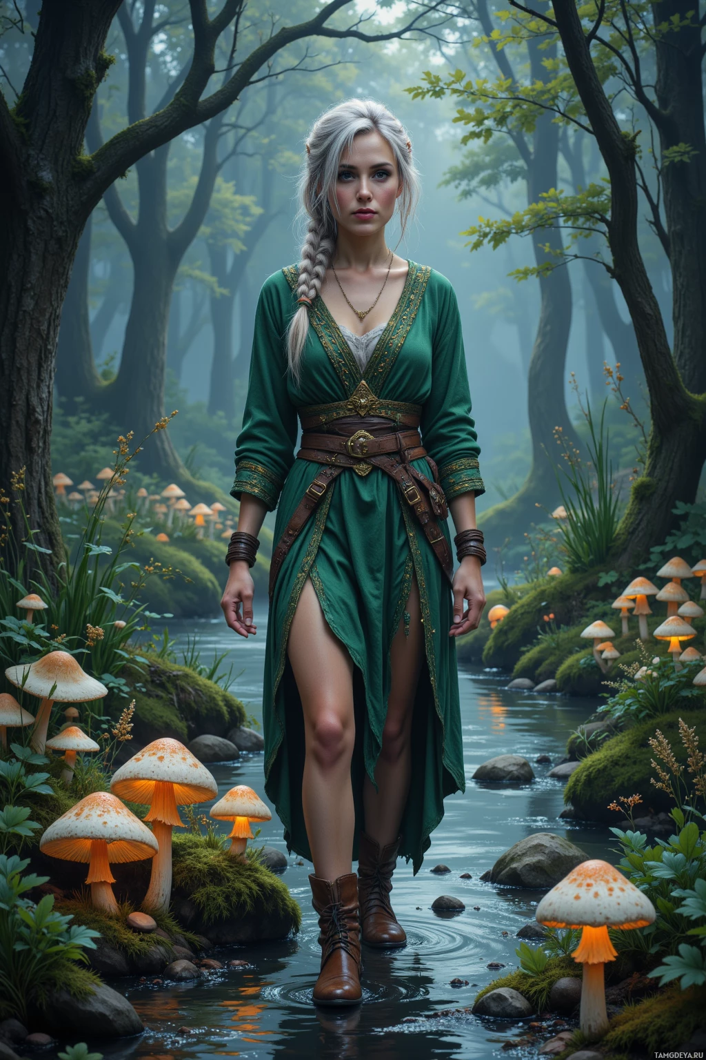 A woman in a green dress stands in a mystical forest with glowing mushrooms and a serene stream.