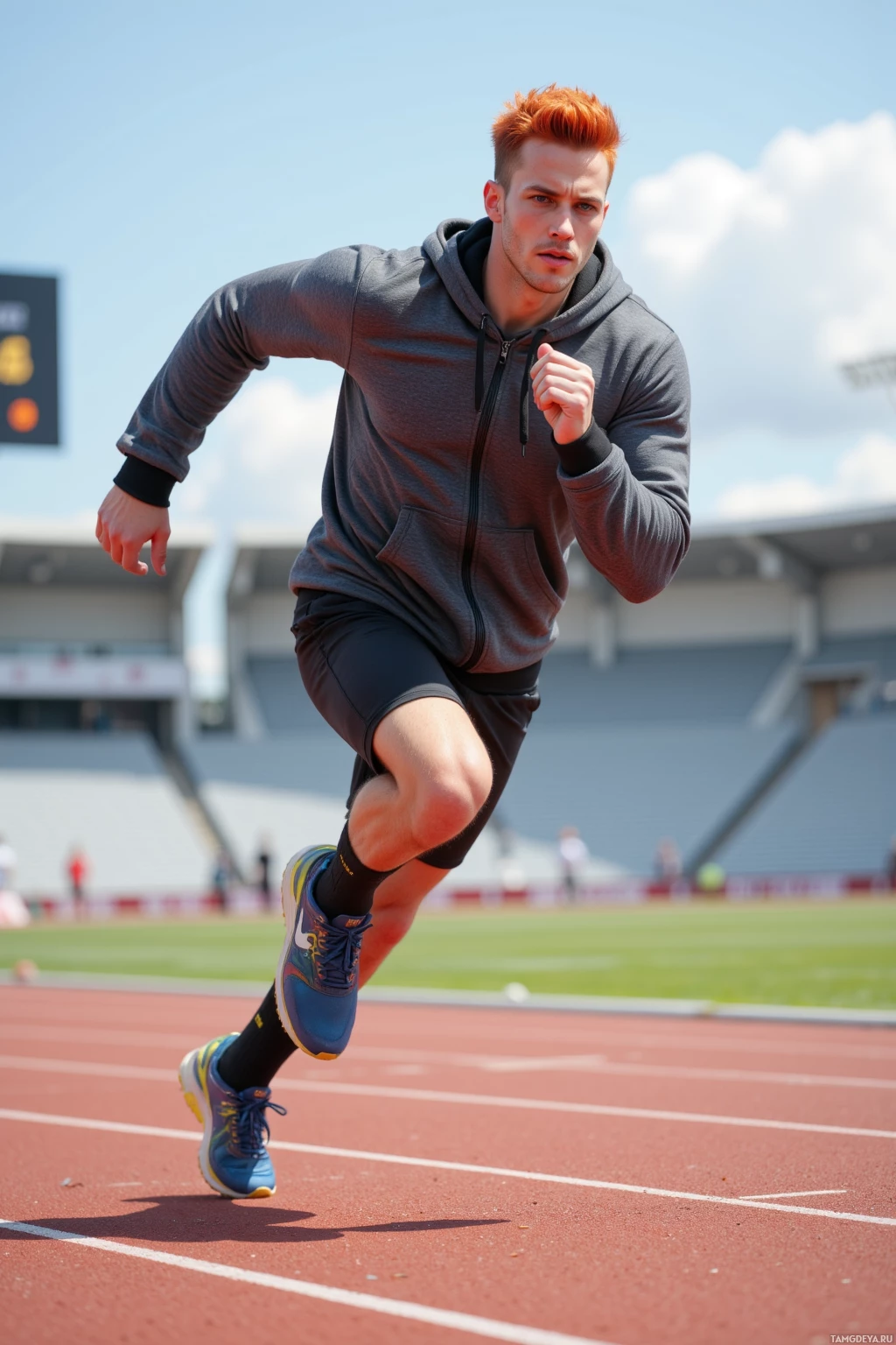 A person in athletic attire runs on a track under a clear sky.