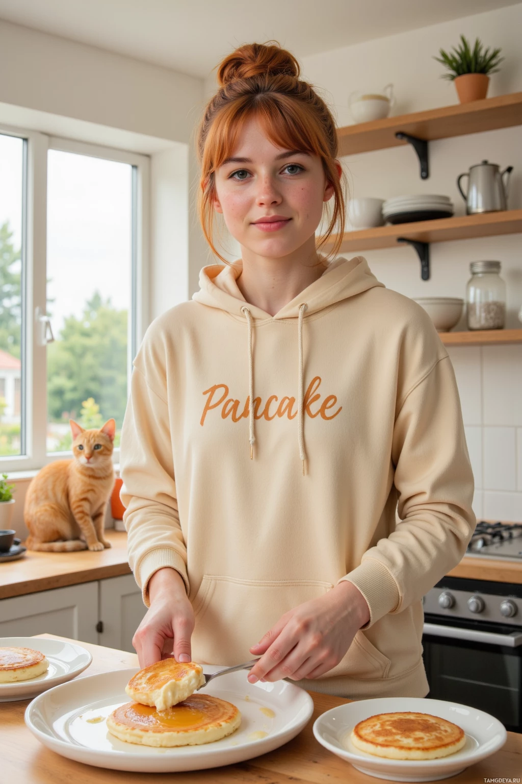 A person in a hoodie prepares pancakes in a kitchen.