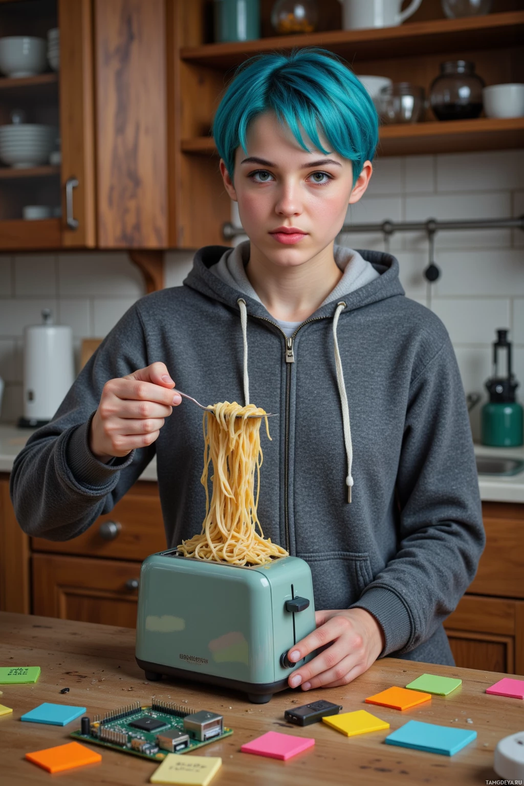 A person with teal hair stands in a kitchen, holding a fork with spaghetti, next to a toaster with colorful sticky notes and circuit boards on the table.