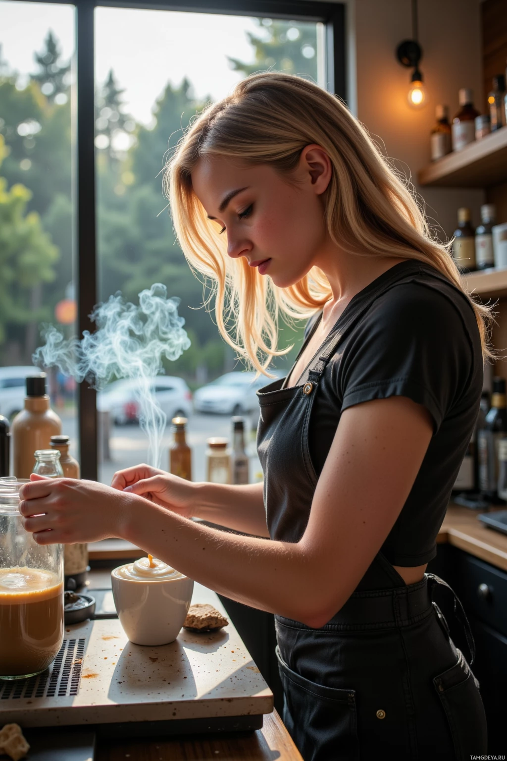 A woman is preparing a drink in a cozy café setting.