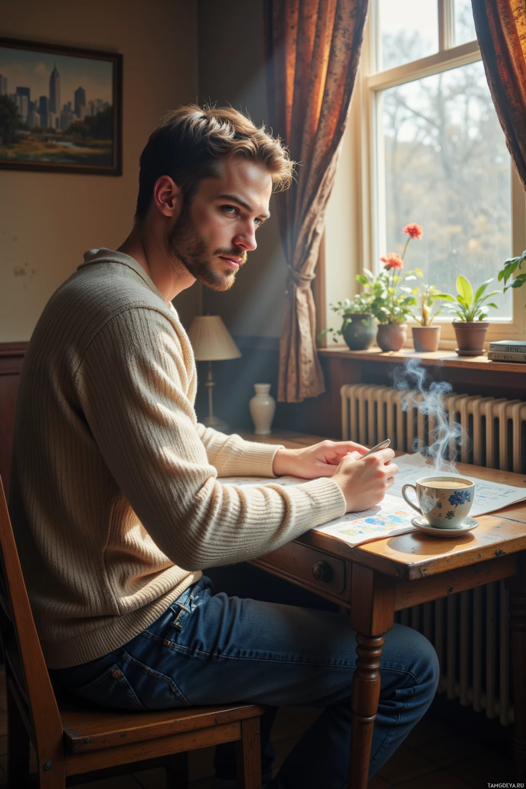 A man sits at a desk by a window, writing with a pen while enjoying a steaming cup of coffee.