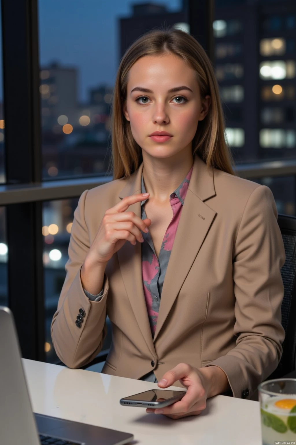 A woman in a professional setting, wearing a beige blazer and holding a smartphone.