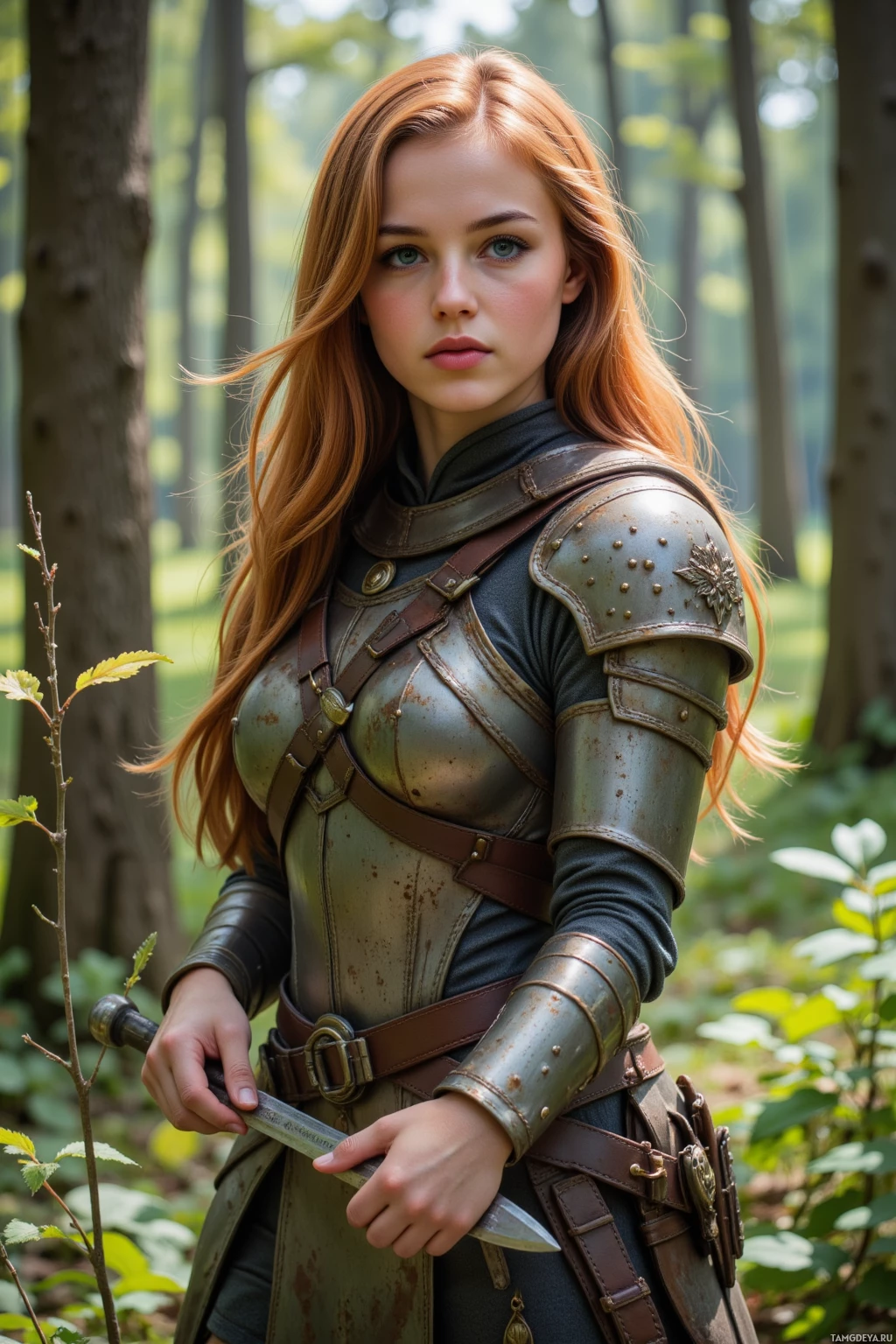 A woman in medieval armor stands in a forest, holding a sword.
