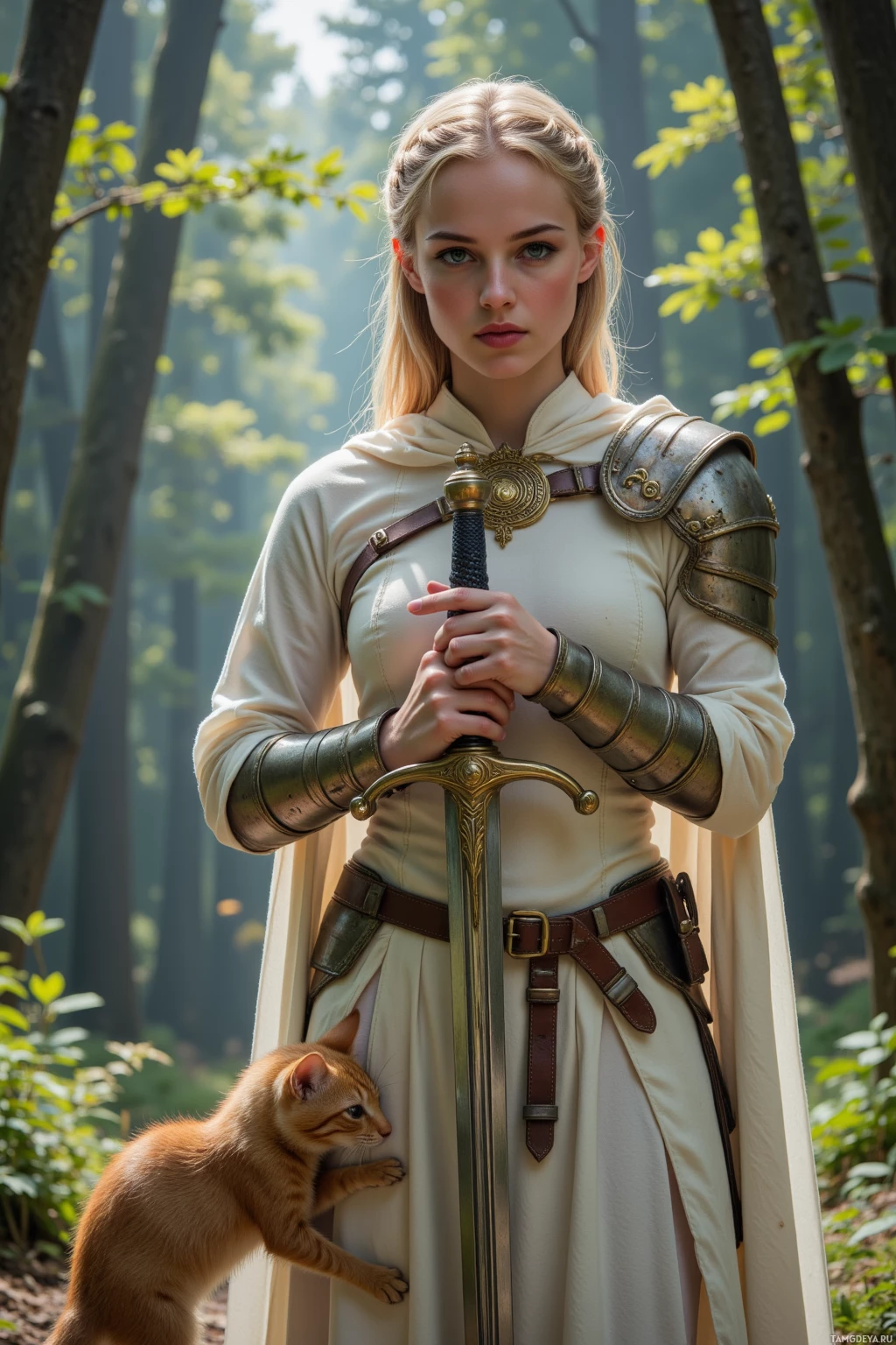 A woman in medieval-style armor stands in a forest, holding a sword, with a cat climbing on her leg.