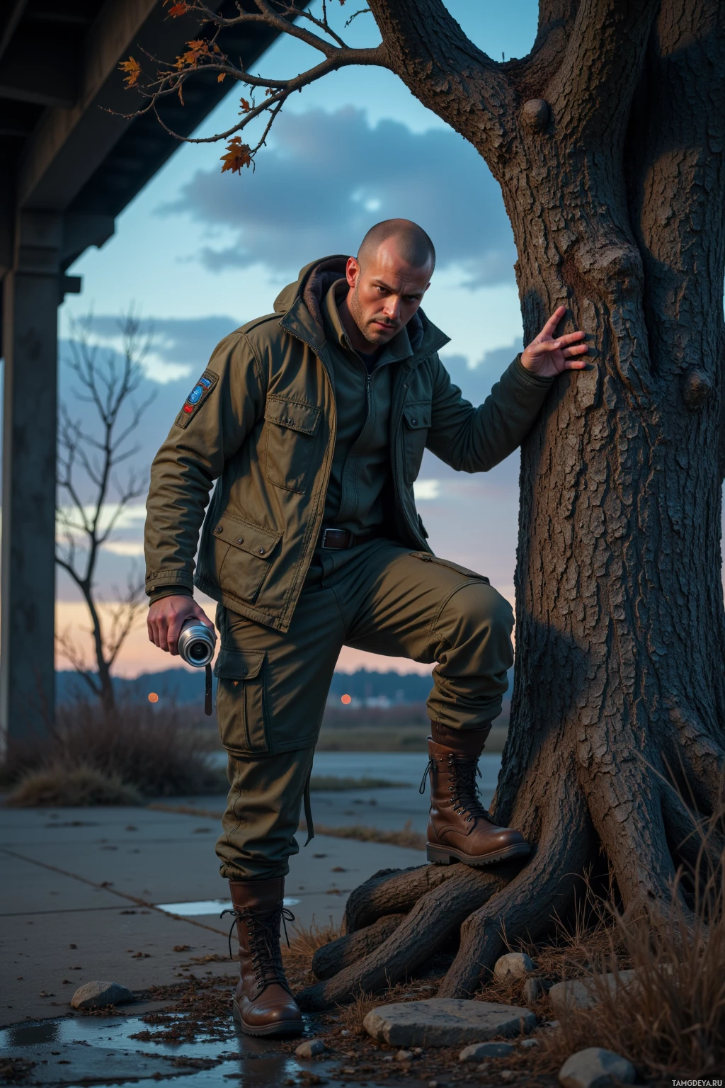 A man in military-style clothing leans against a tree, holding a camera, with a bridge and a body of water in the background.