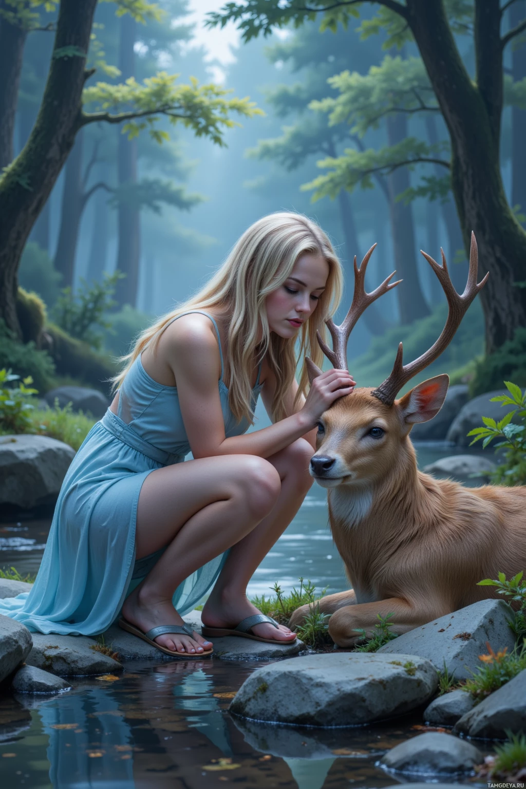 A woman in a blue dress gently pets a deer by a serene forest stream.