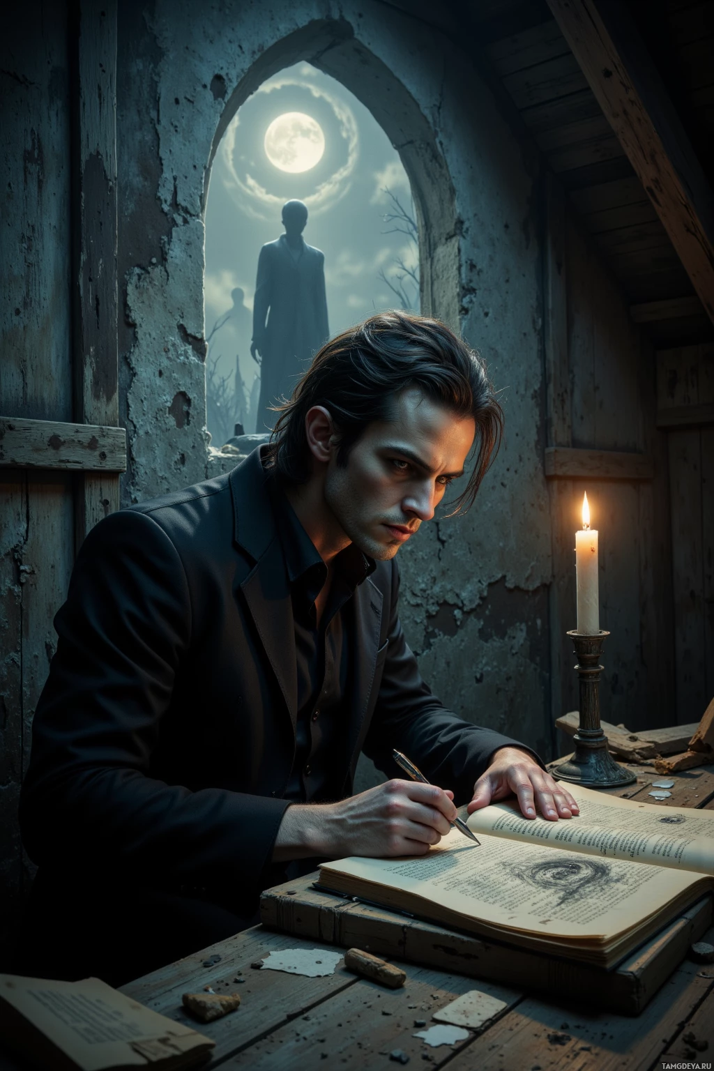 A man in a dark suit sits at a desk, writing in a book under the light of a candle, with a ghostly figure visible through an arched window in the background.