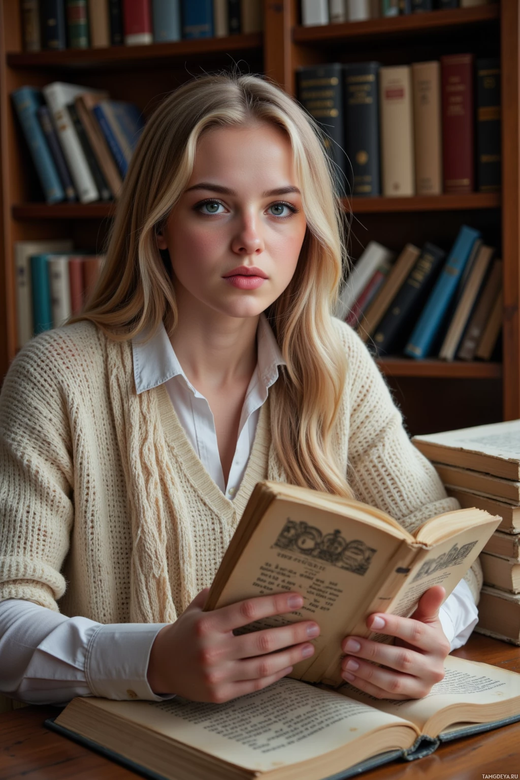 A person with long blonde hair is reading a book in a library setting.