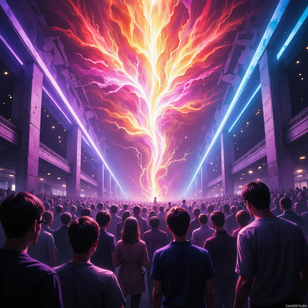 A large crowd of people stands in a dimly lit, futuristic environment, facing a bright, glowing energy burst.