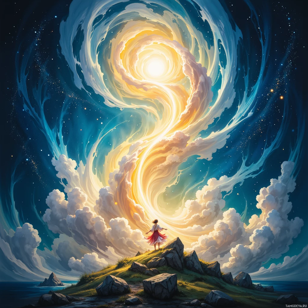 A serene landscape with a swirling cloud formation in the sky and a person standing on a grassy hill overlooking the sea.