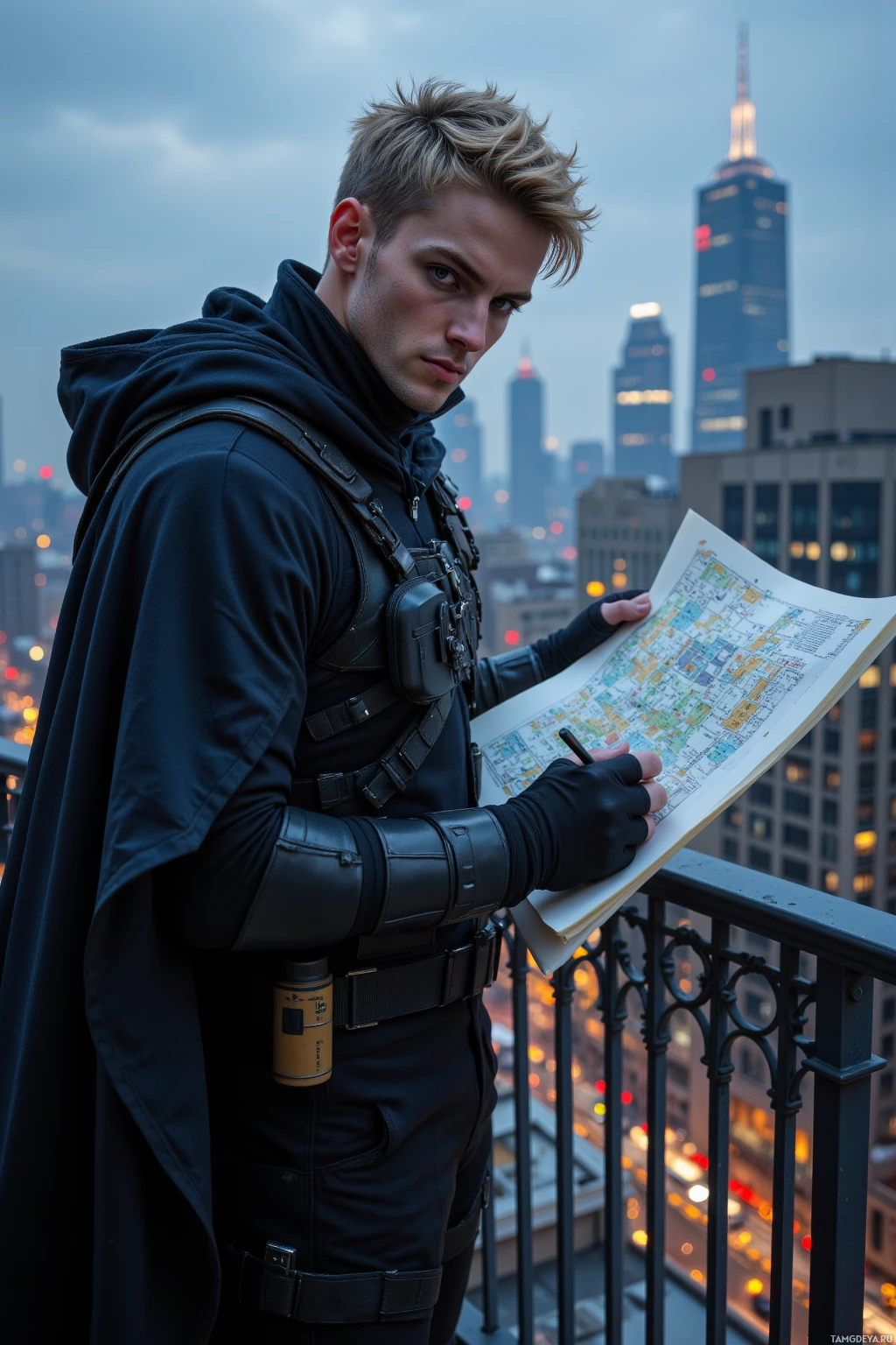 A person in a black outfit stands on a rooftop, holding a map and pen, with a cityscape in the background.