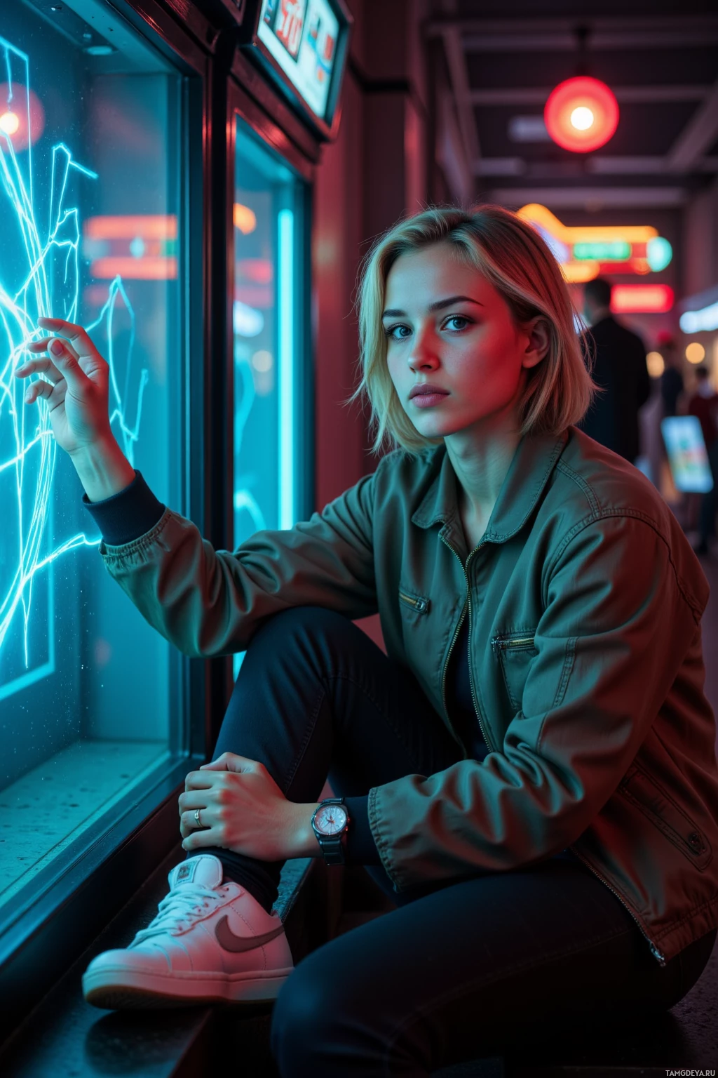 A person in a casual outfit sits near a neon-lit window, wearing a jacket and sneakers.