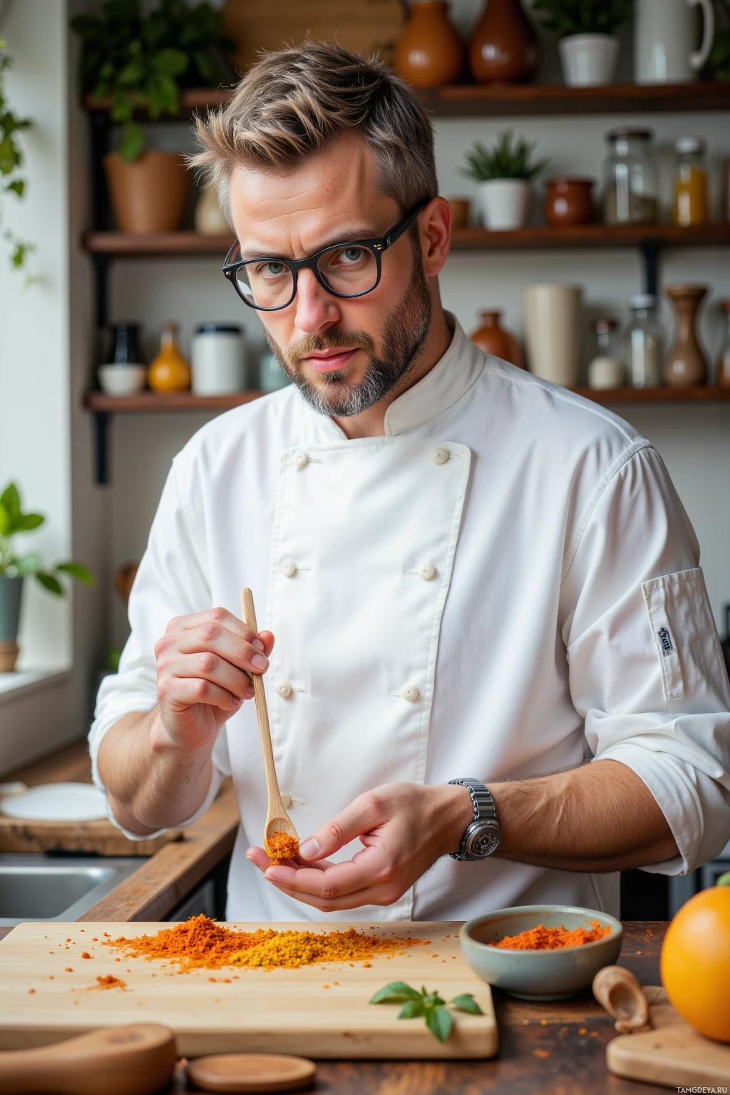 A chef in a white uniform holds a spoon with a small amount of spice, standing in a kitchen with various ingredients and utensils.