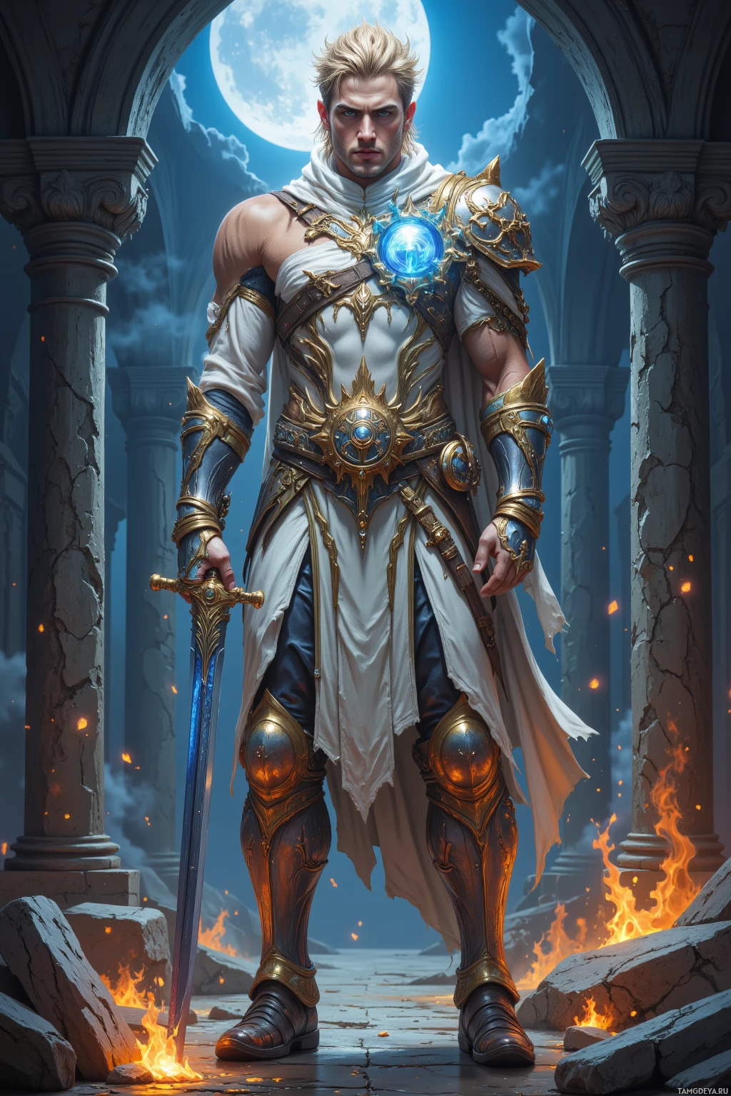 A knight in ornate armor stands in a moonlit, ancient temple.