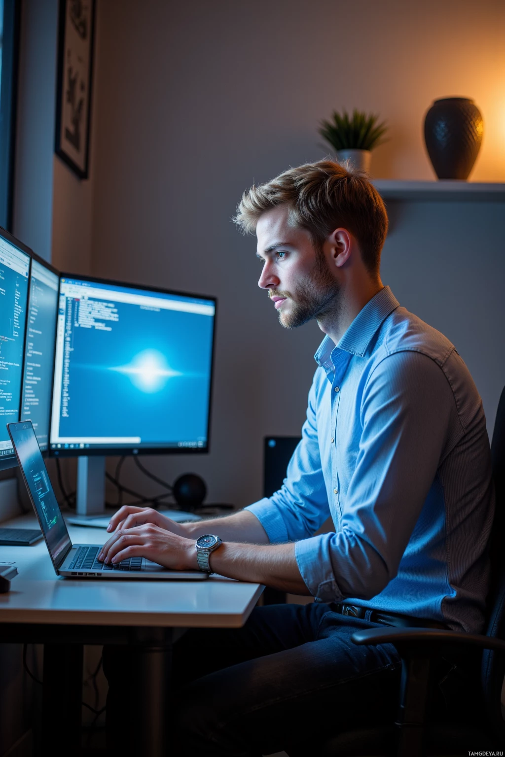 A man is working on a laptop in a dimly lit room with two monitors displaying code.