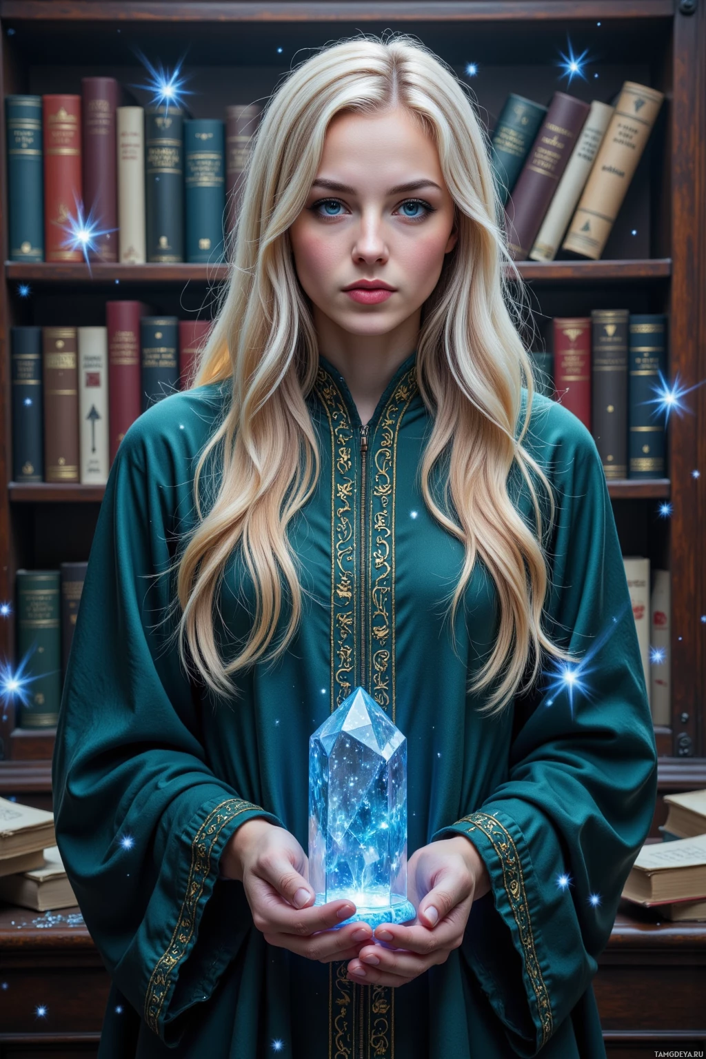 A person in a green robe holds a glowing crystal in front of a bookshelf.