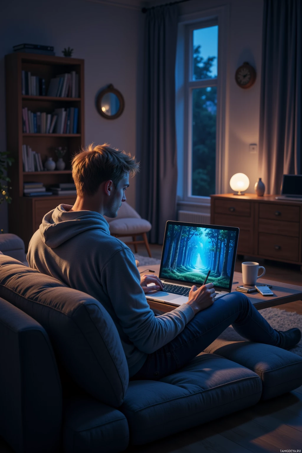 A person sits on a couch, working on a laptop in a dimly lit room.