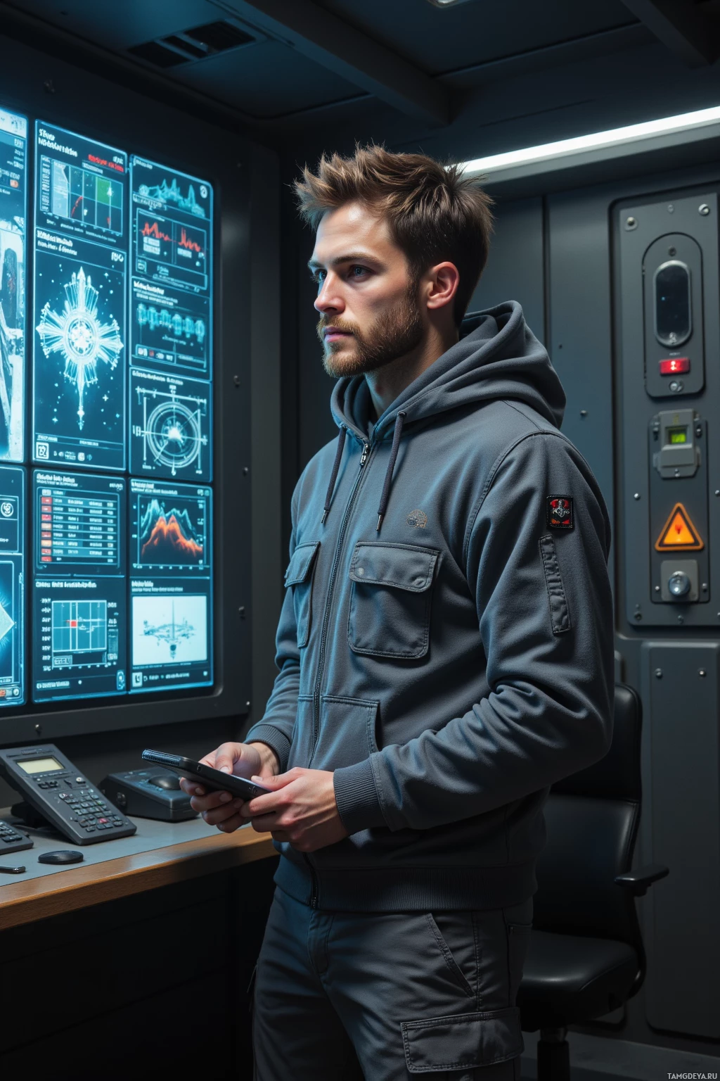 A man in a hoodie stands in a control room, holding a device and looking at a large screen displaying various data.
