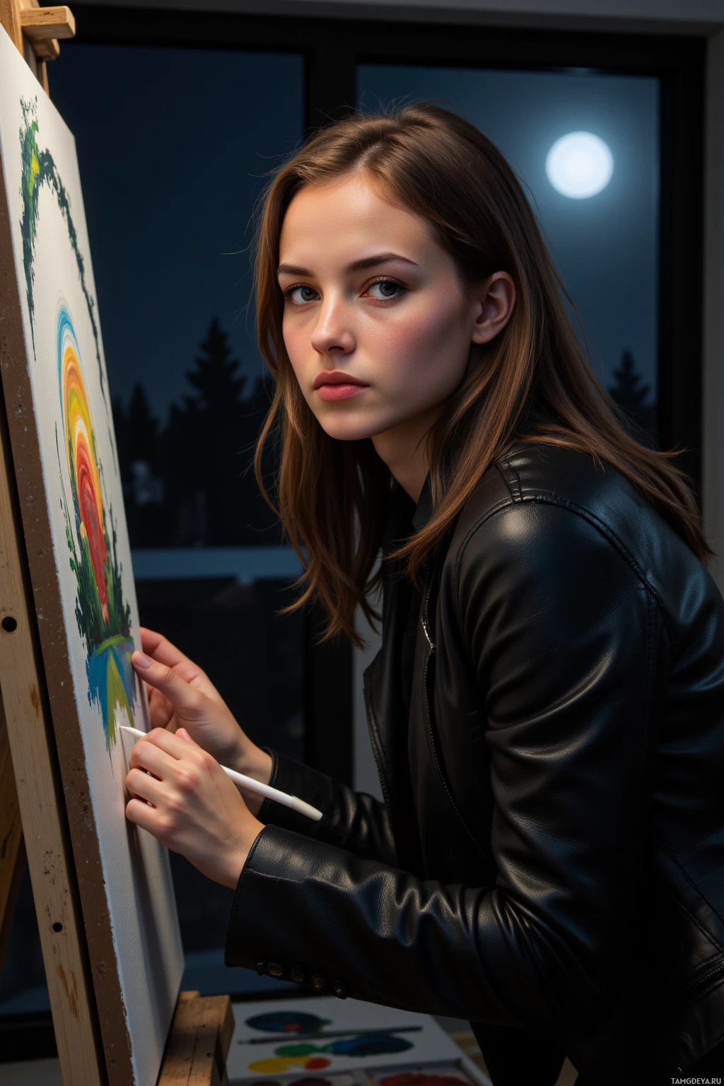A person in a leather jacket is painting on an easel.
