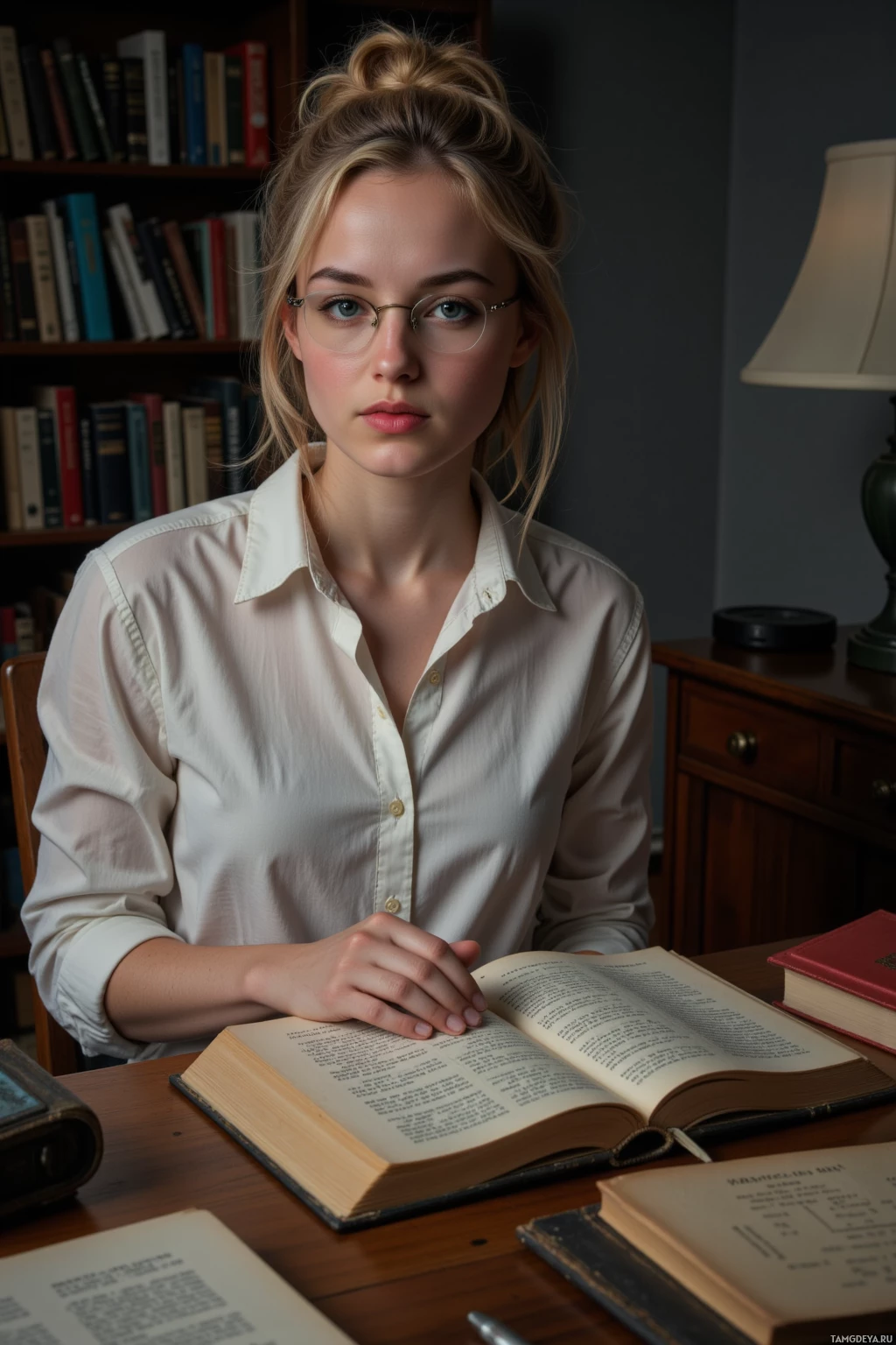 A young woman in a white shirt sits at a desk with books, wearing glasses and looking directly at the camera.