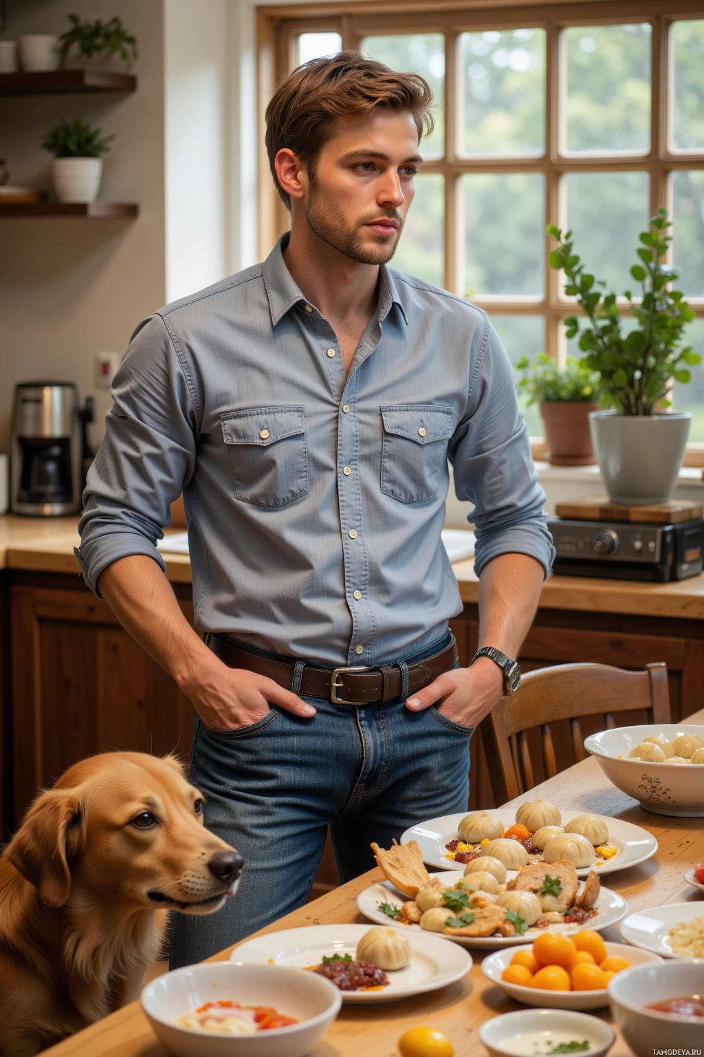 A man stands in a kitchen with a dog, looking at a table with food.