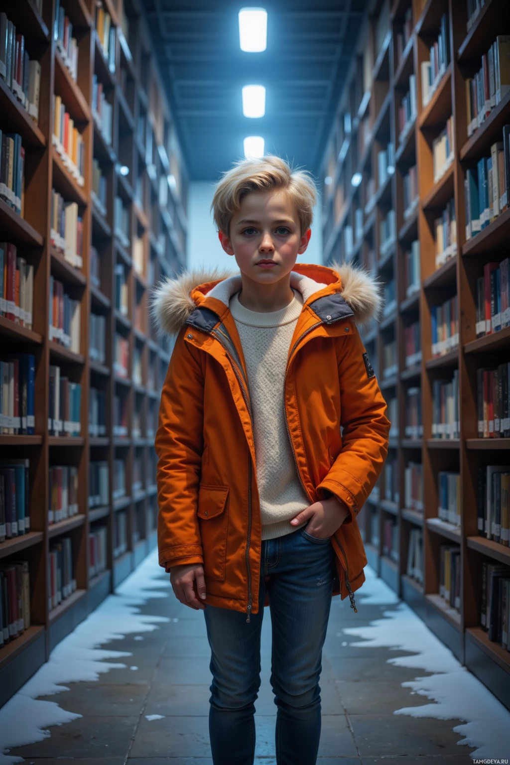 A young person stands in a library aisle, wearing a bright orange jacket and jeans.