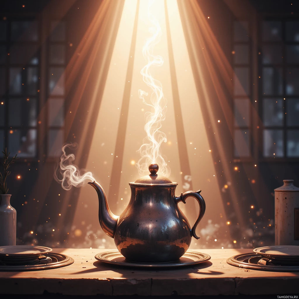 A steaming teapot sits on a table with sunlight streaming through the window.