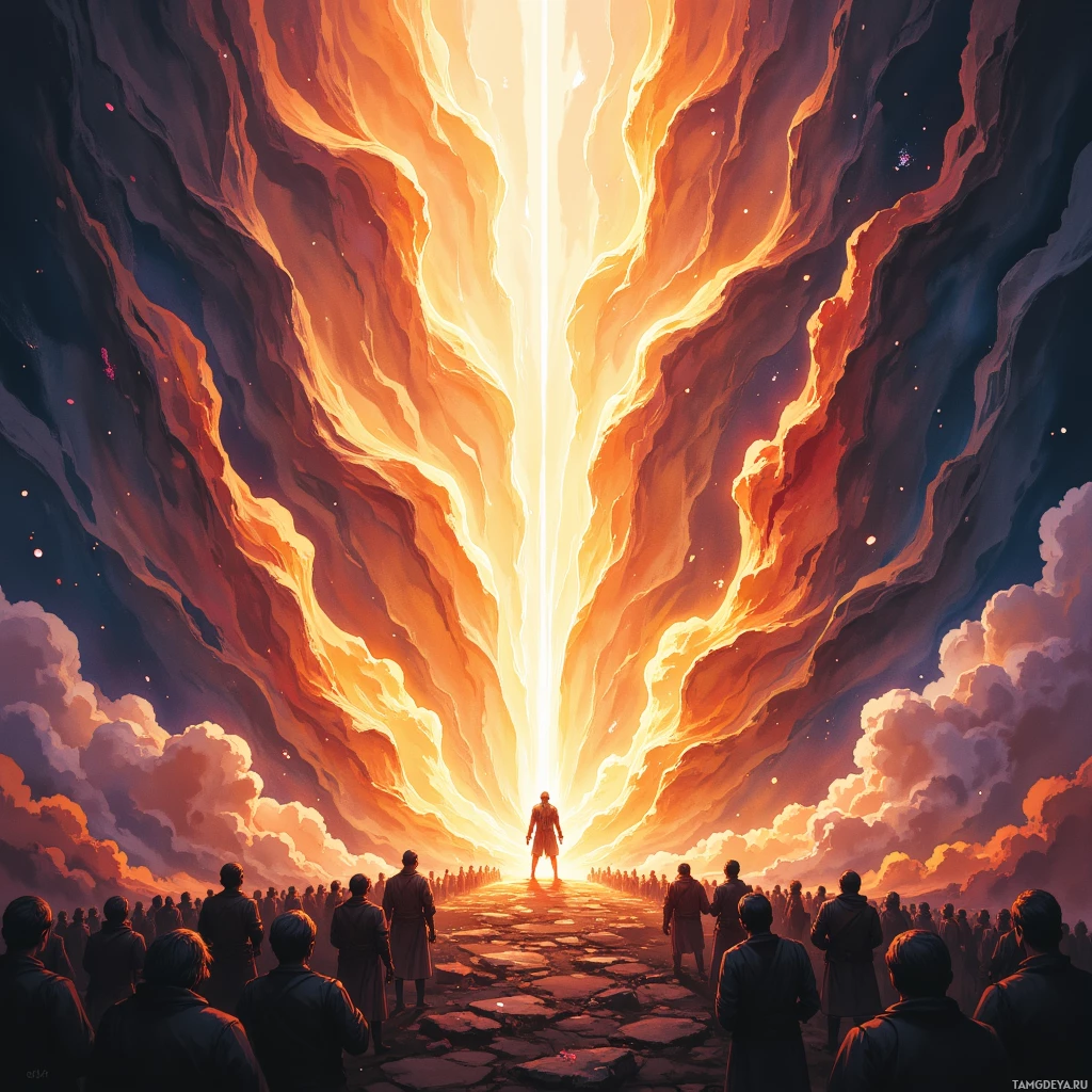 A group of people stands before a bright, radiant light in a dramatic sky.