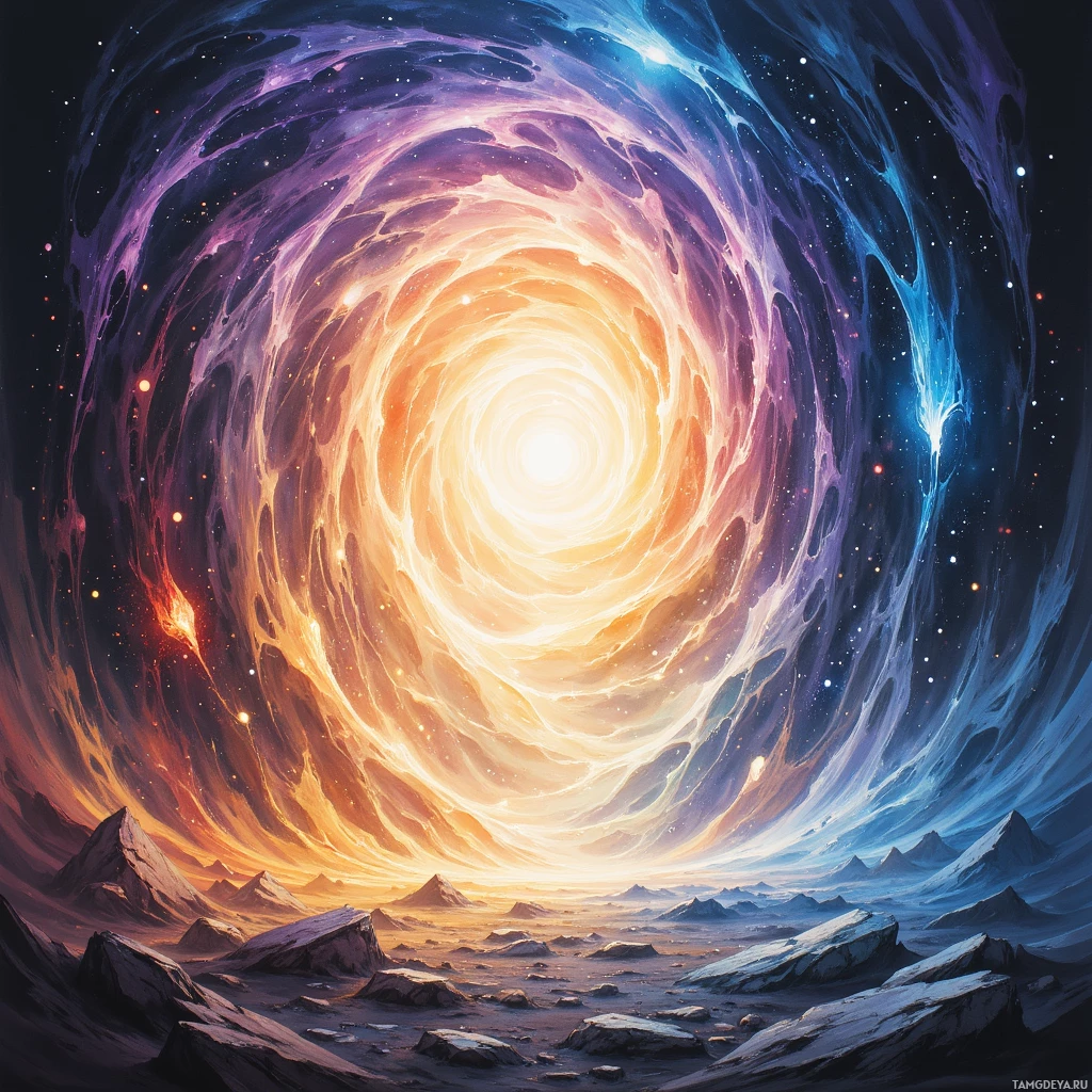 A cosmic scene featuring a swirling galaxy with vibrant colors and a rocky landscape below.