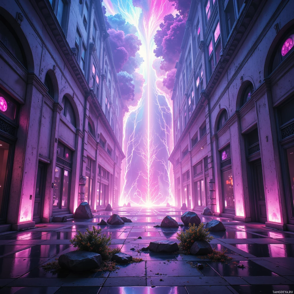 A city street with buildings on either side and a bright, glowing crack in the sky emitting light and energy.