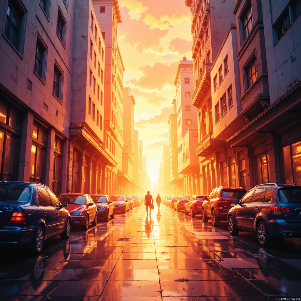 A city street at sunset with tall buildings, parked cars, and two people walking.