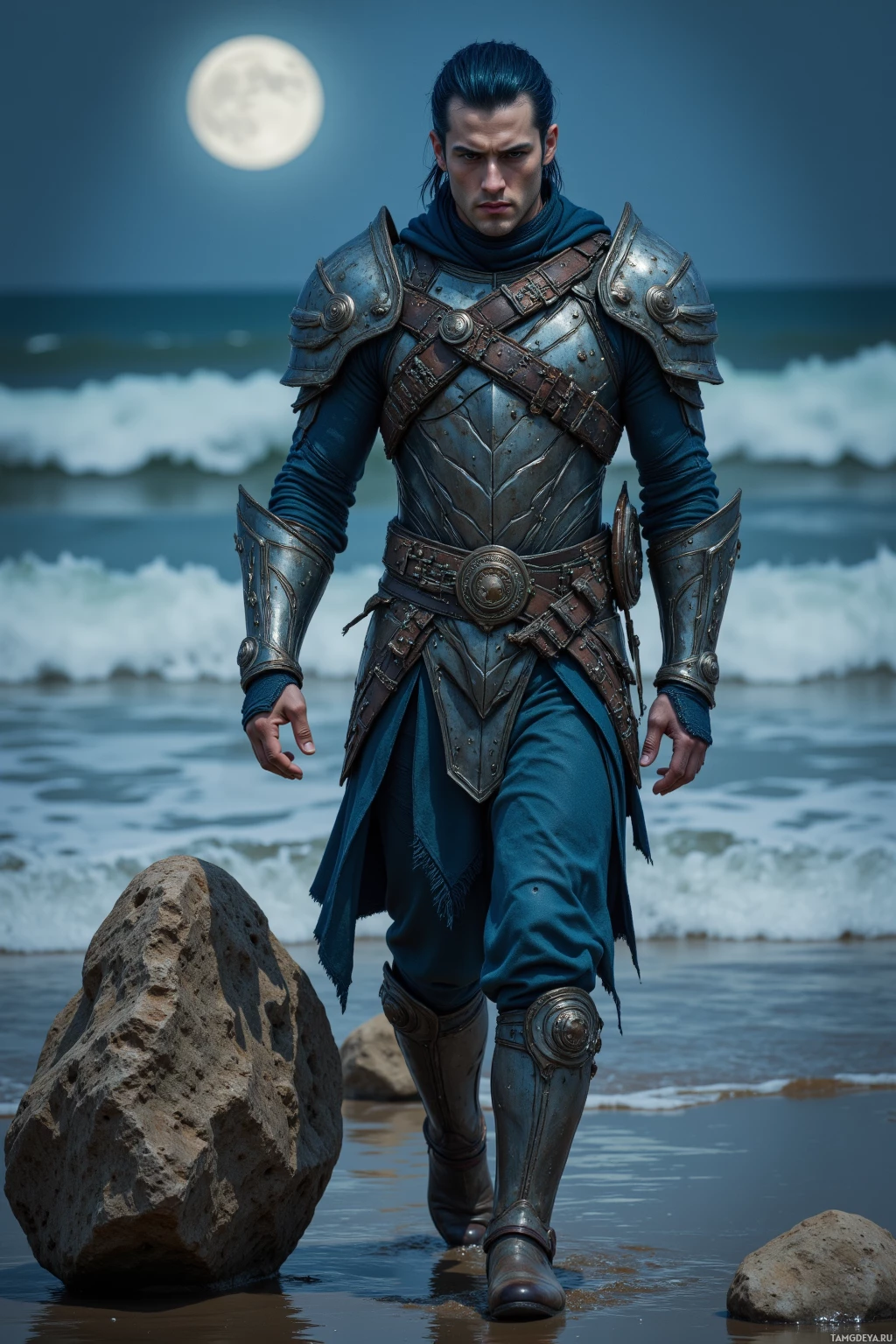 A person in detailed armor stands on a beach under a full moon.