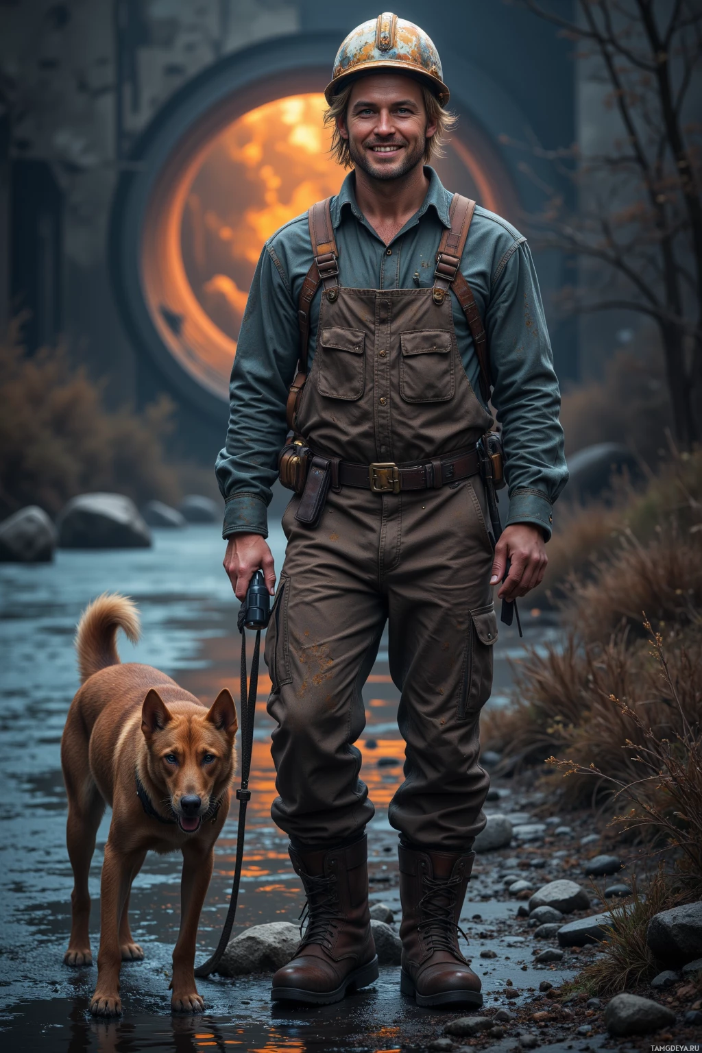 A man in work attire and a helmet stands beside a dog by a river.