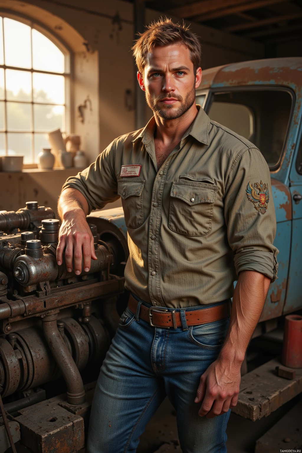 A man in a work shirt and jeans stands in a rustic workshop.