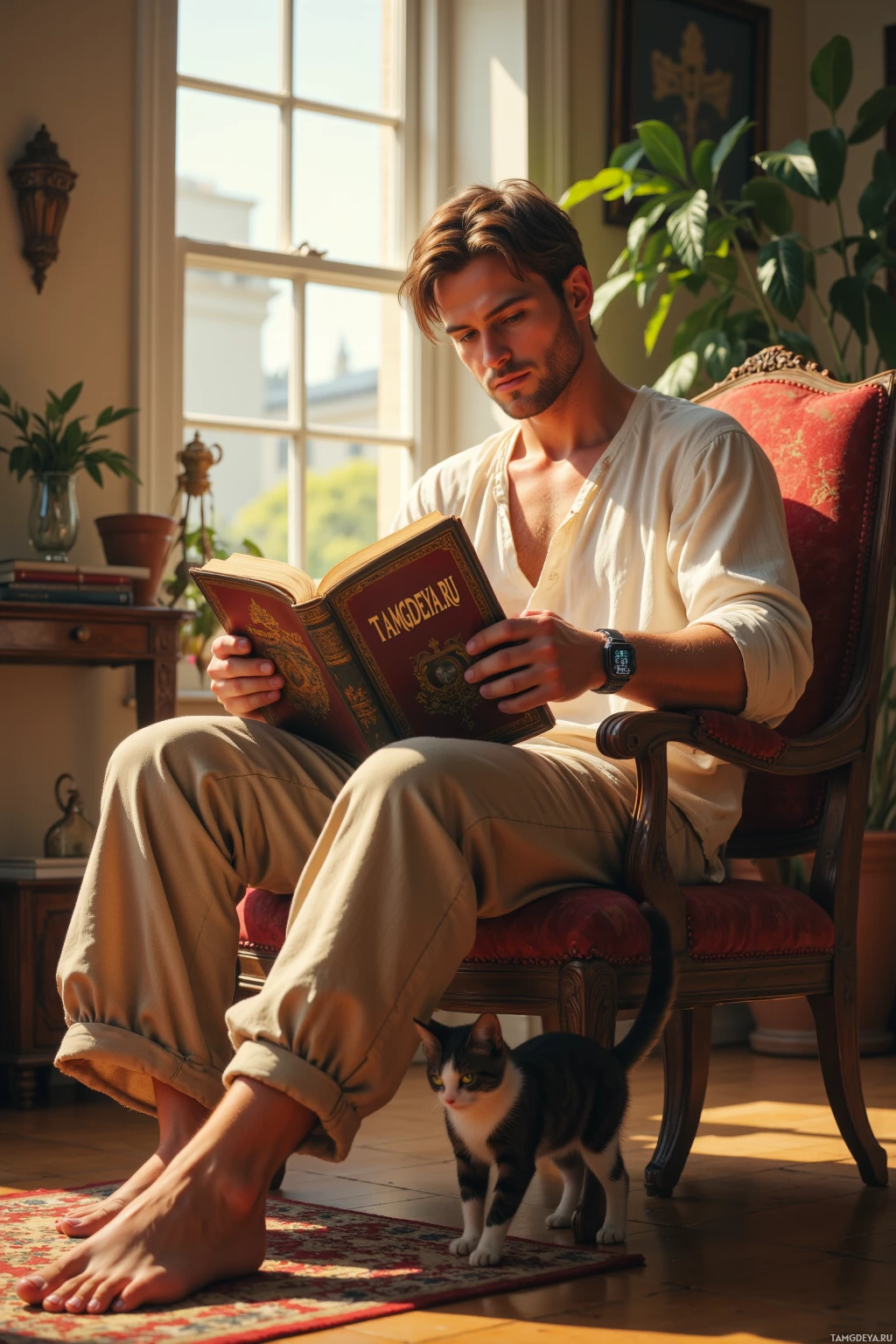 A man sits in a chair reading a book, with a cat nearby.