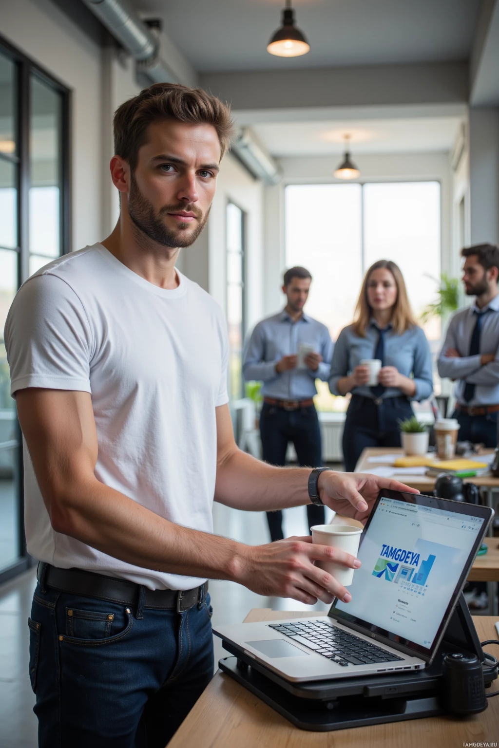 A man in a white t-shirt stands in an office, holding a cup and a laptop, with colleagues in the background.