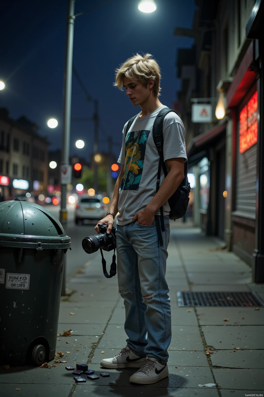 A young person stands on a city sidewalk at night, holding a camera and wearing casual attire.