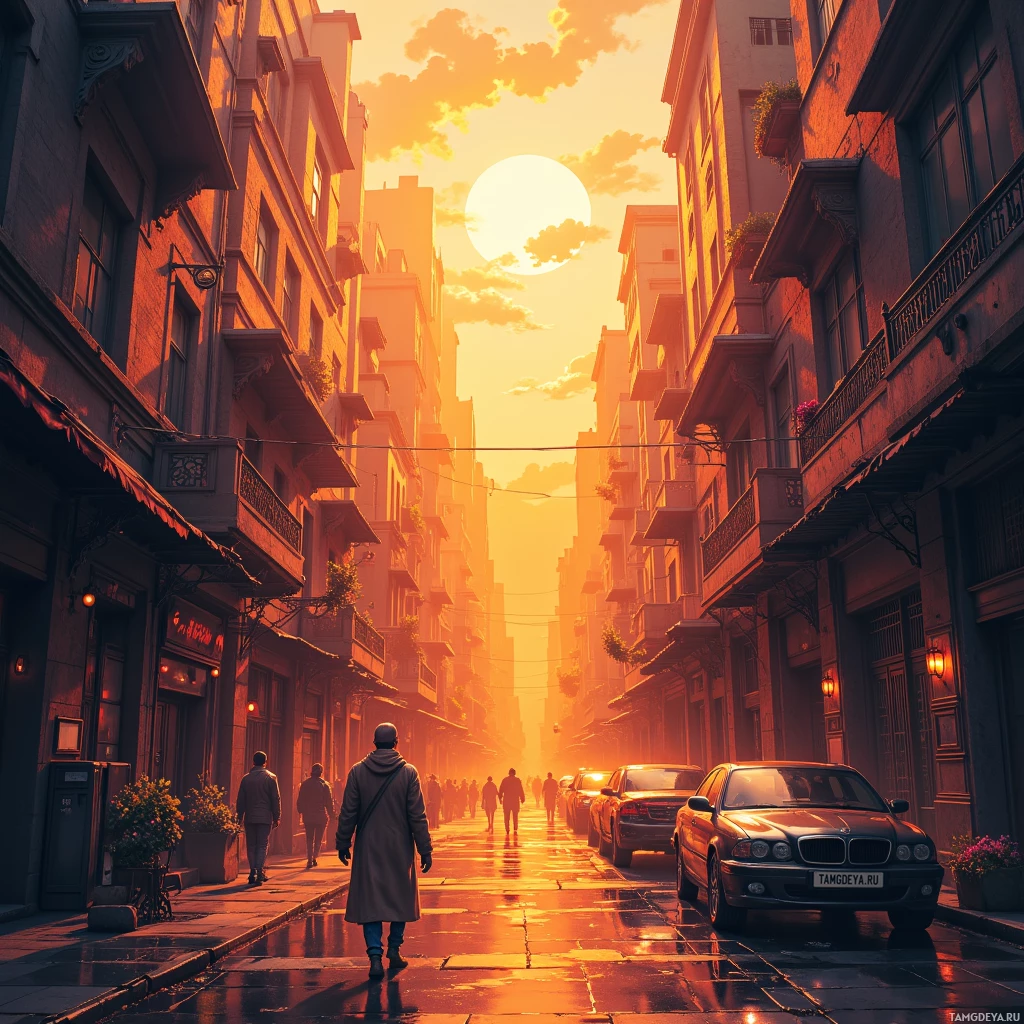 A street scene bathed in warm, golden sunlight with people walking and parked cars lining the sides.