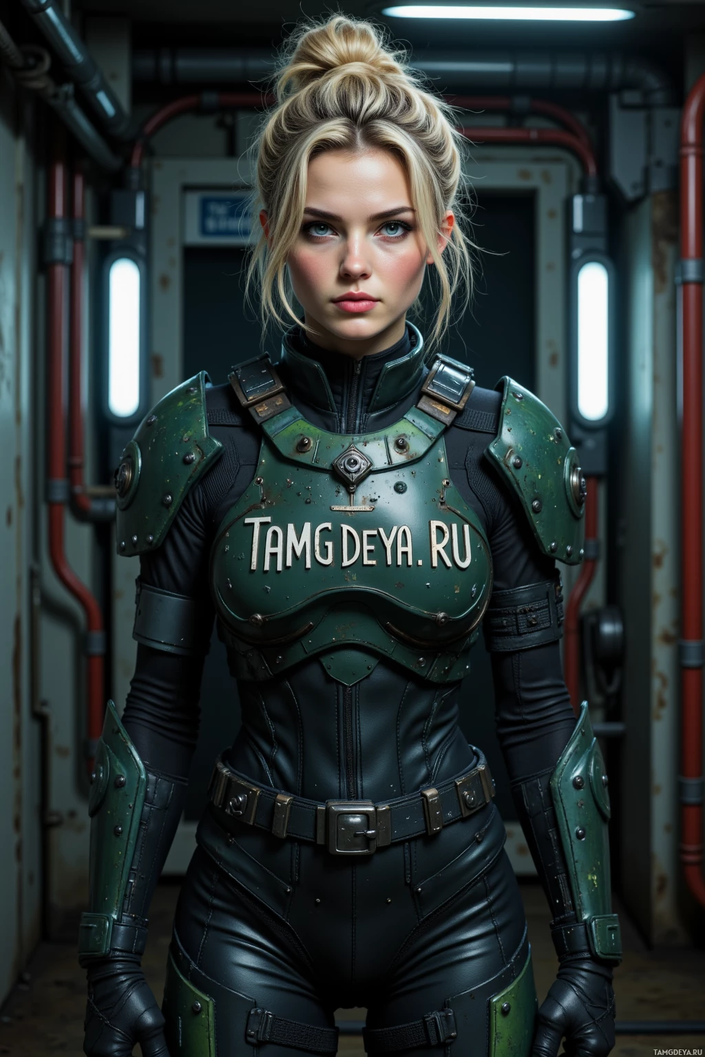 A person in a futuristic green and black armored suit stands in a corridor.