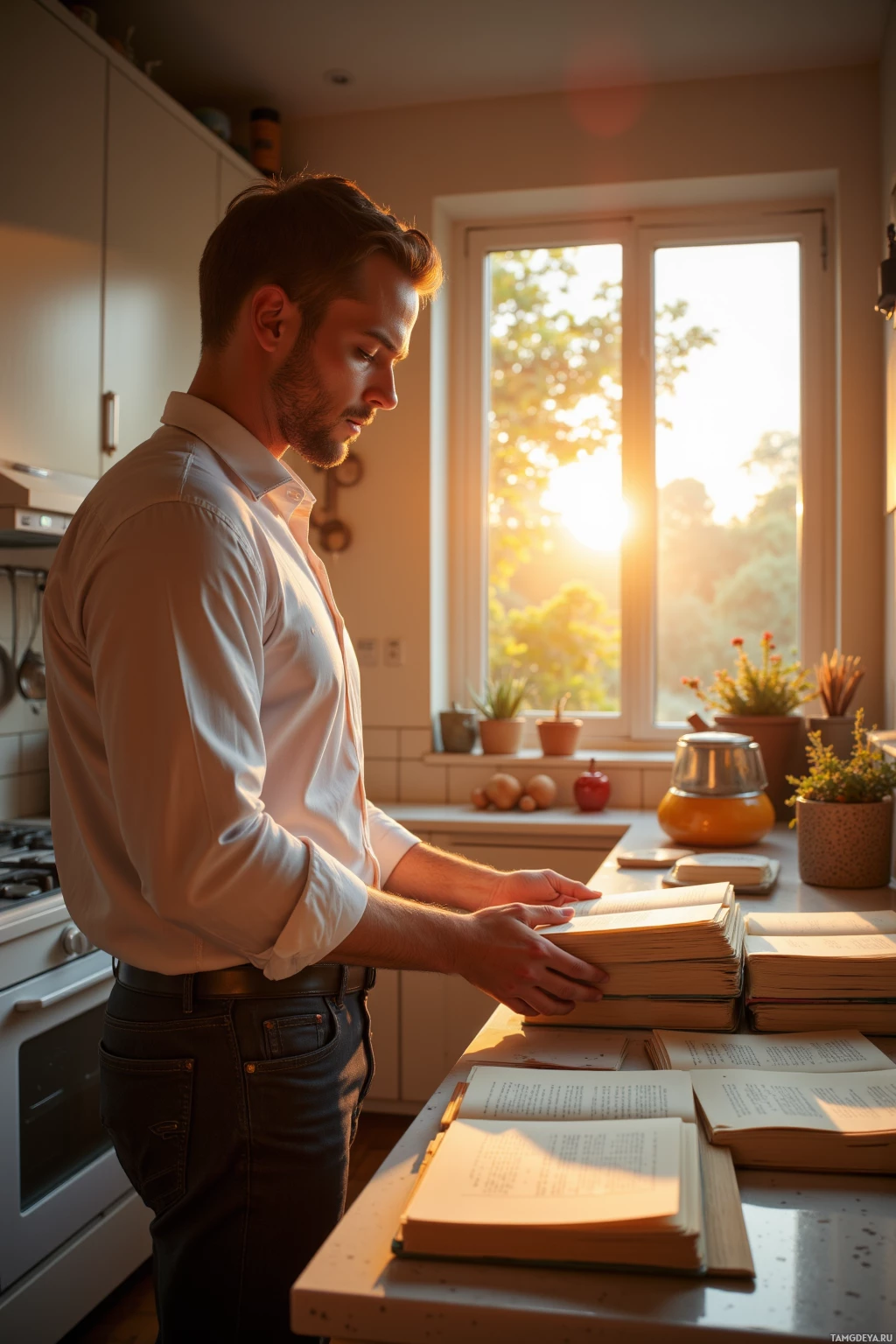 A man stands in a kitchen, reading a book with sunlight streaming through the window.