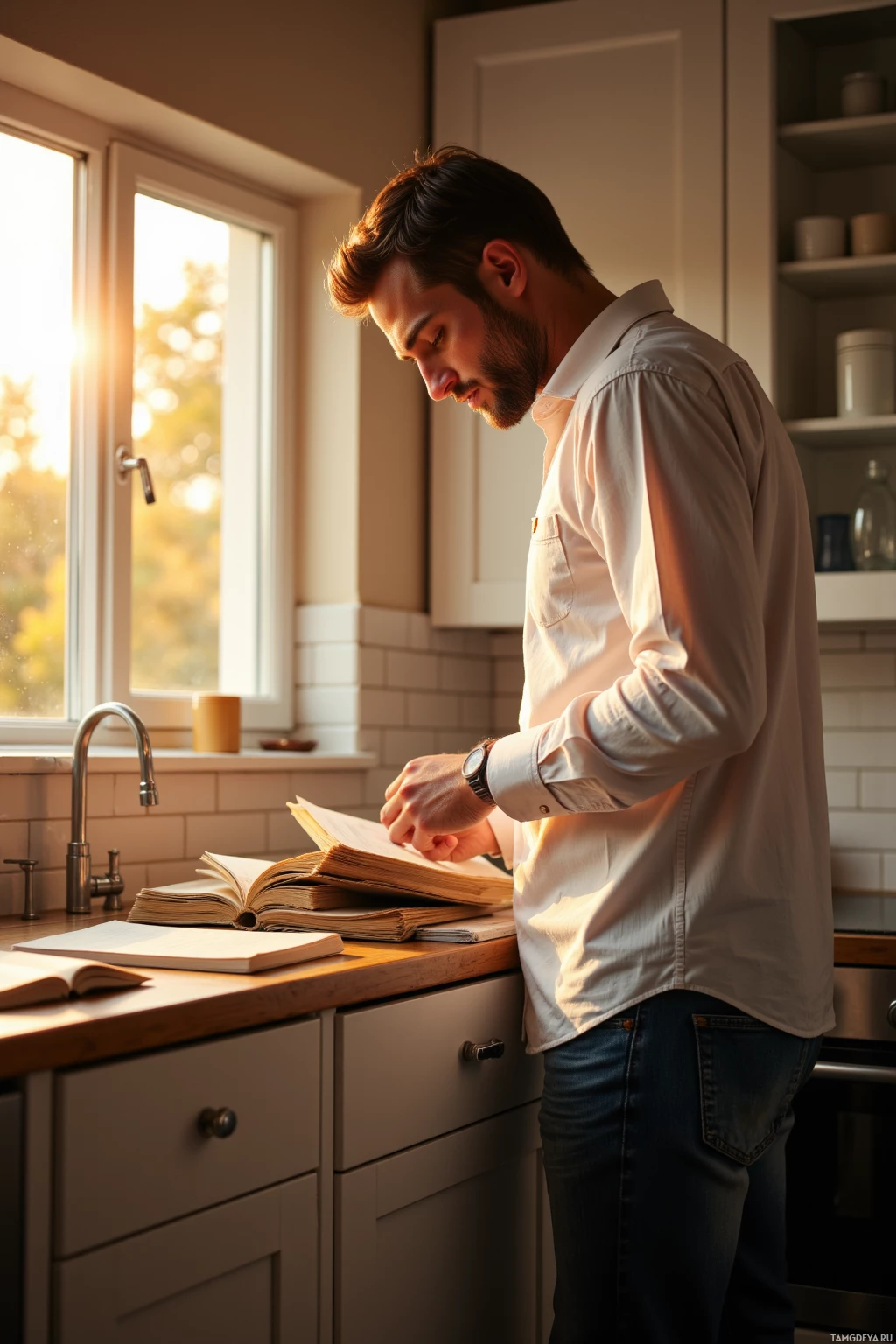 A man in a white shirt reads a book in a kitchen with sunlight streaming through the window.