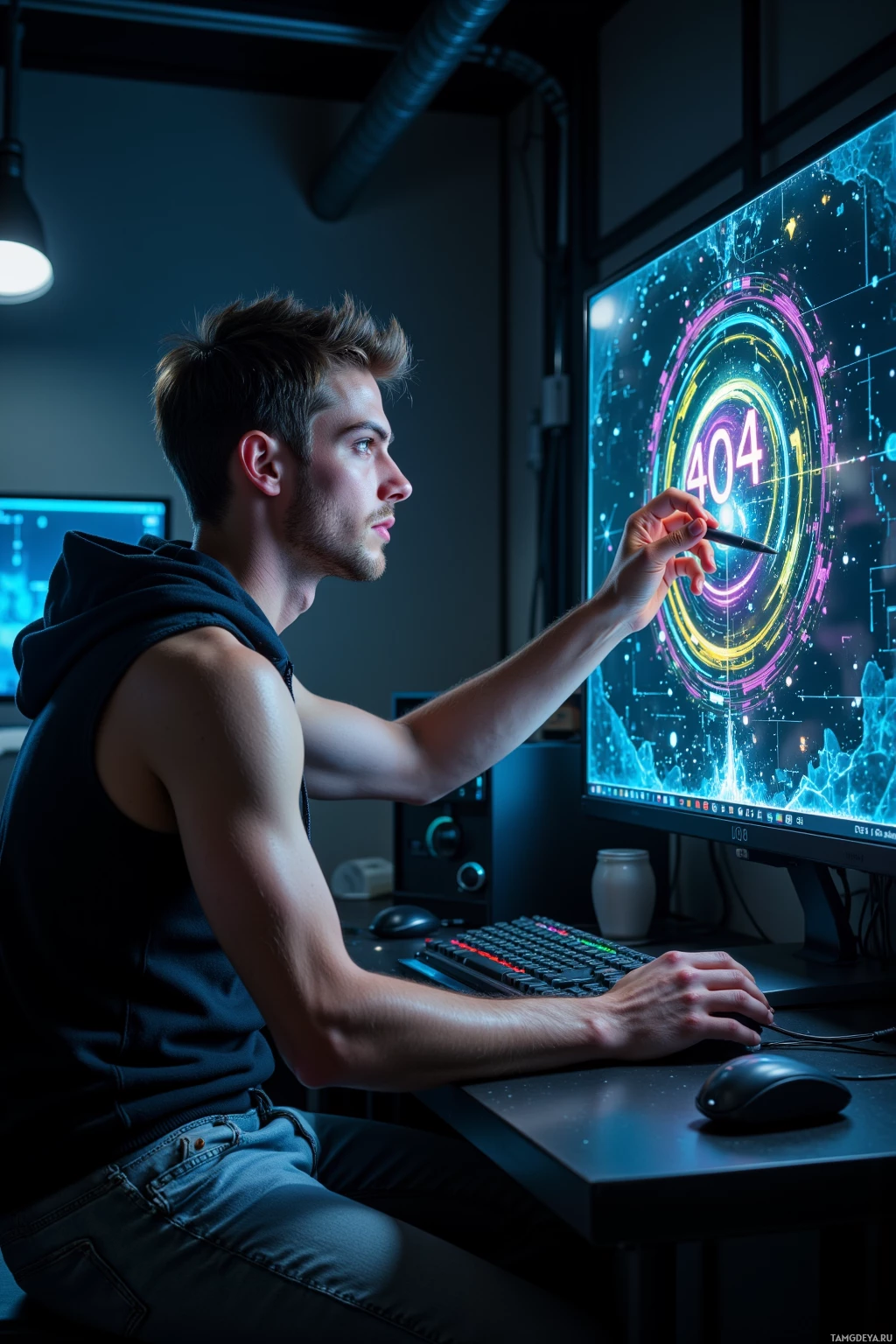 A person is interacting with a futuristic computer interface.