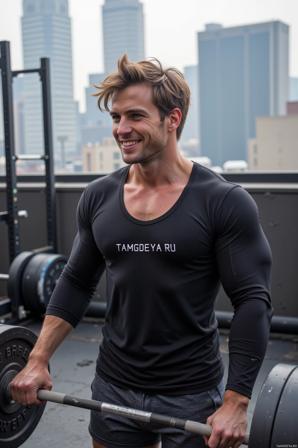 A man in a black athletic shirt holds a barbell in a gym setting with a cityscape in the background.