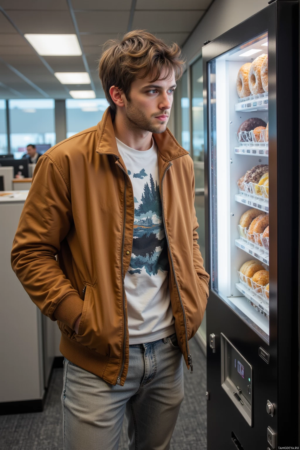 A person in a brown jacket stands in front of a vending machine filled with pastries.