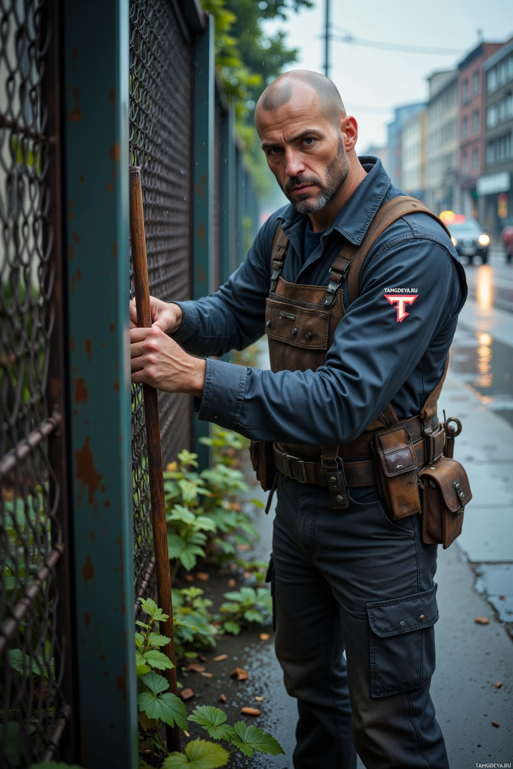 A man in a utility vest and pants stands by a fence on a rainy street.