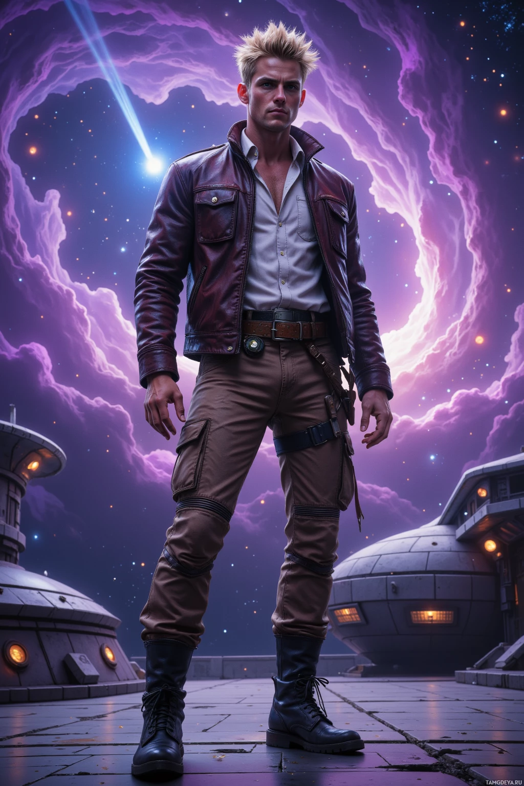 A man in a leather jacket and cargo pants stands on a platform with a cosmic background.