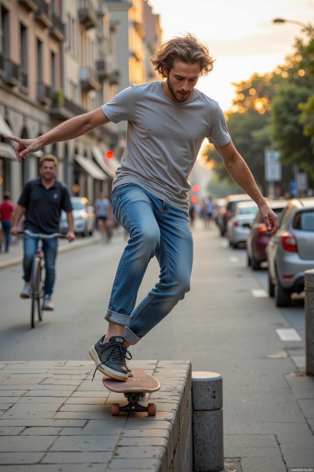 A skateboarder balances on a ledge in an urban setting.