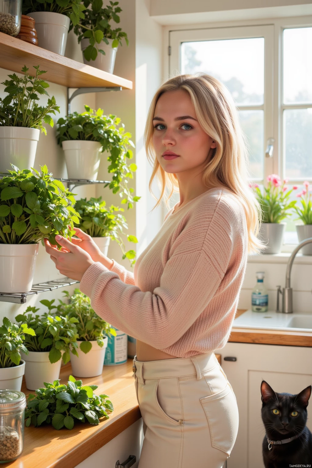 A woman in a kitchen with potted plants and a black cat.