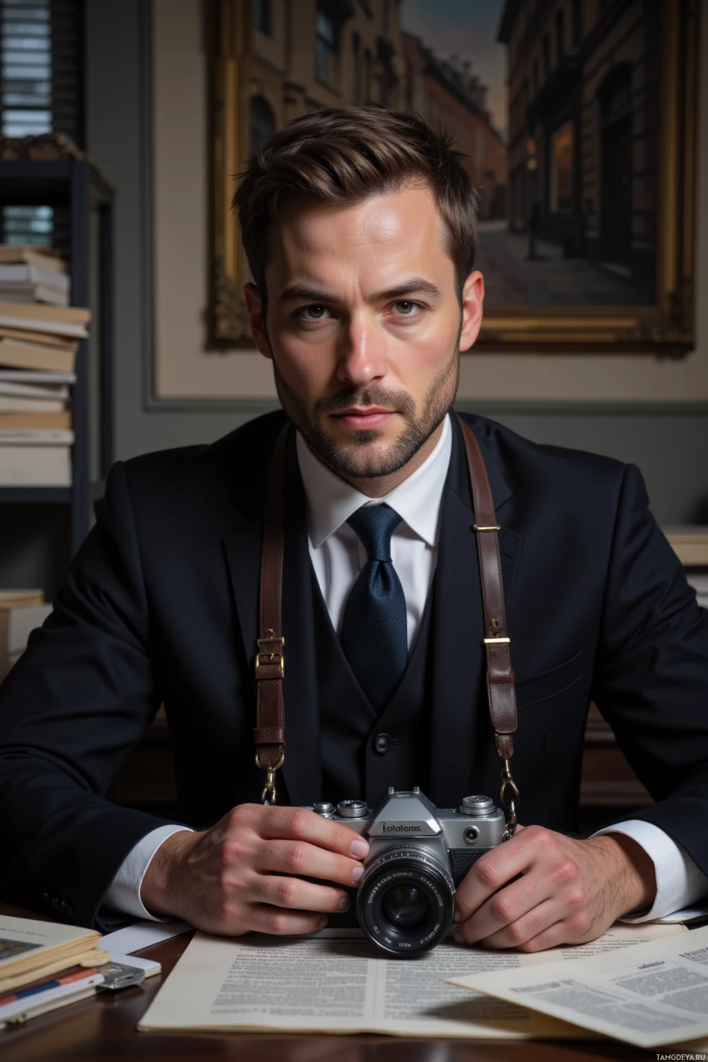 A man in a suit holds a camera, seated at a desk with books and papers.